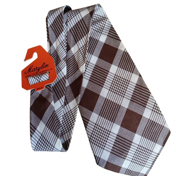 Vintage Marylin Brown & White Plaid Mens Necktie Made In Australia 54" 4.5" wide - Picture 1 of 4